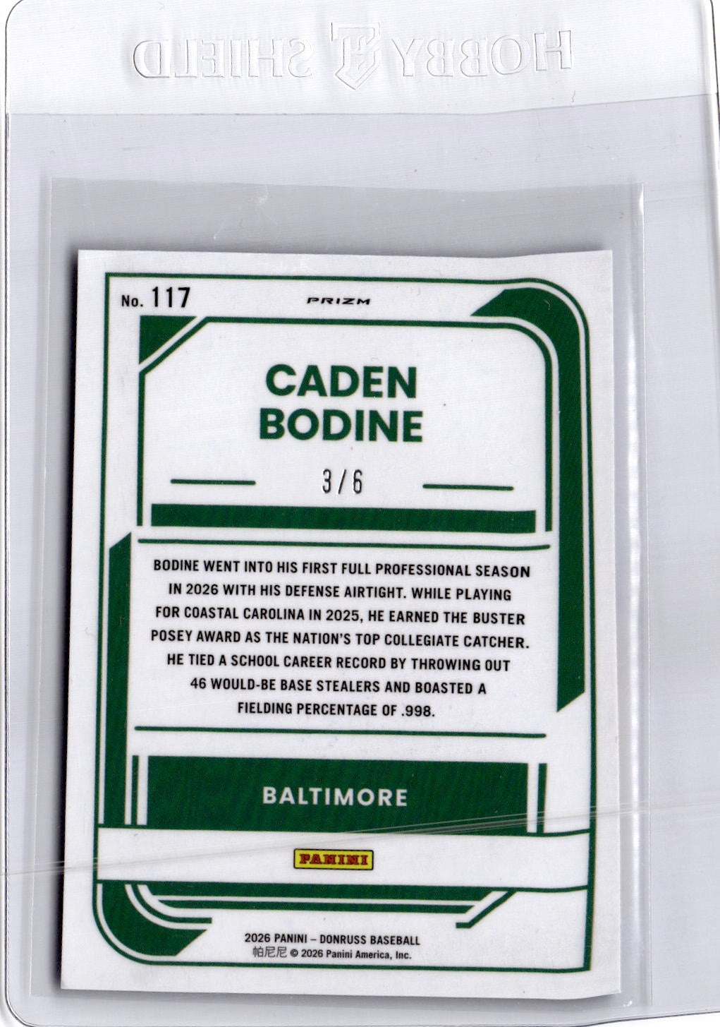 2026 Donruss #117 Caden Bodine Optic Blue Glitter #/6