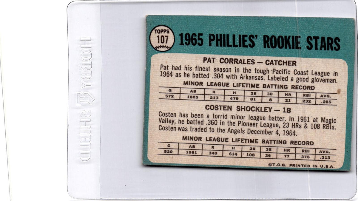 1965 Topps #107 Phillies 1965 Rookie Stars (Pat Corrales / Costen Shockley)