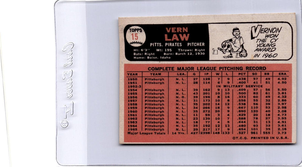 1966 Topps #15 Vern Law