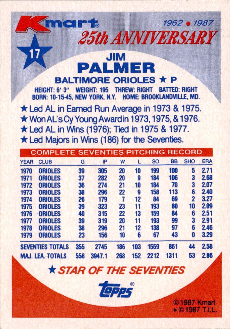 1987 Topps Kmart 25th Anniversary Baseball's Stars of the Decades #17 Jim Palmer