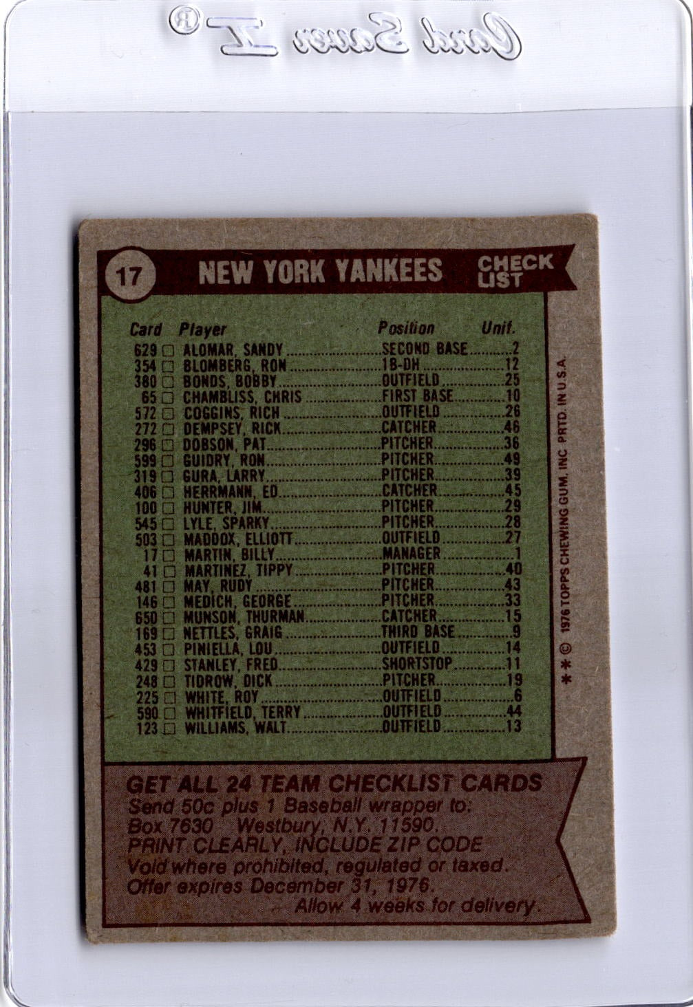 1976 Topps #17 New York Yankees / Billy Martin