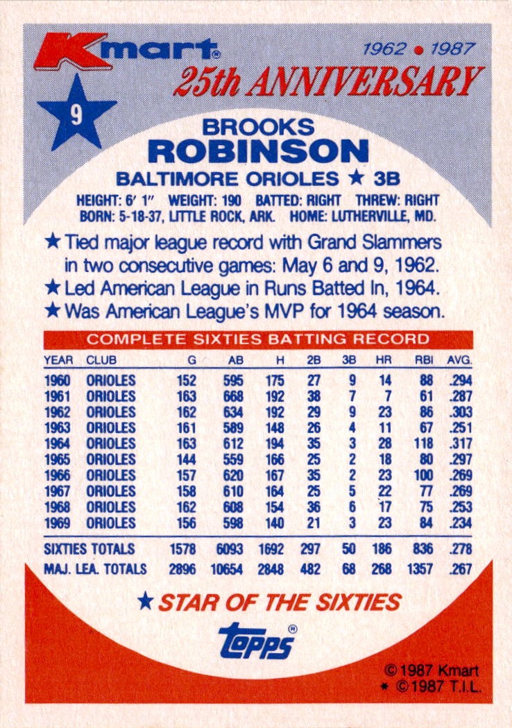 1987 Topps Kmart 25th Anniversary Stars of the Decades #9 Brooks Robinson