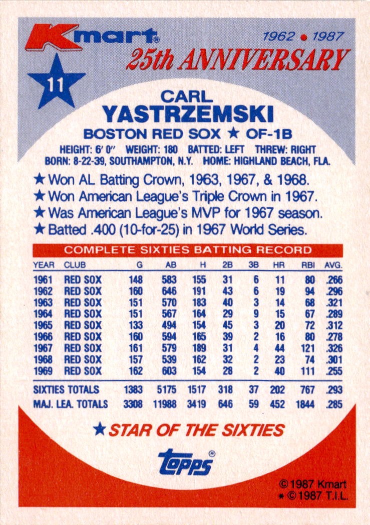 1987 Topps Kmart 25th Anniversary  Stars of the Decades #11 Carl Yastrzemski