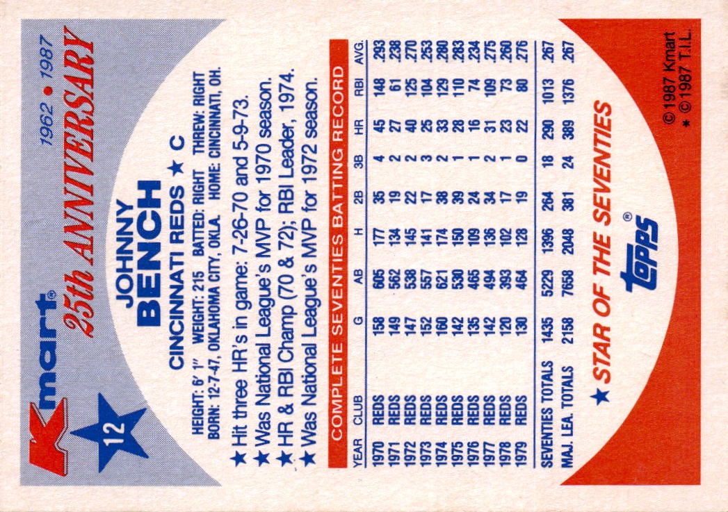 1987 Topps Kmart 25th Anniversary Stars of the Decades #12 Johnny Bench