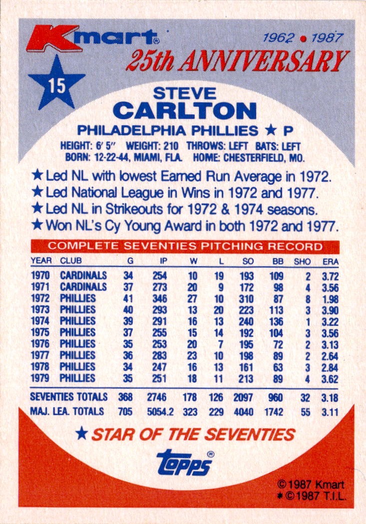1987 Topps Kmart 25th Anniversary Stars of the Decades #15 Steve Carlton