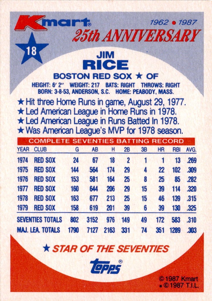 1987 Topps Kmart 25th Anniversary Baseball's Stars of the Decades #18 Jim Rice