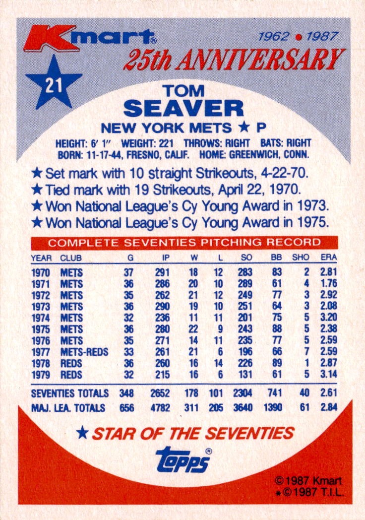 1987 Topps Kmart 25th Anniversary Baseball's Stars of the Decades #21 Tom Seaver