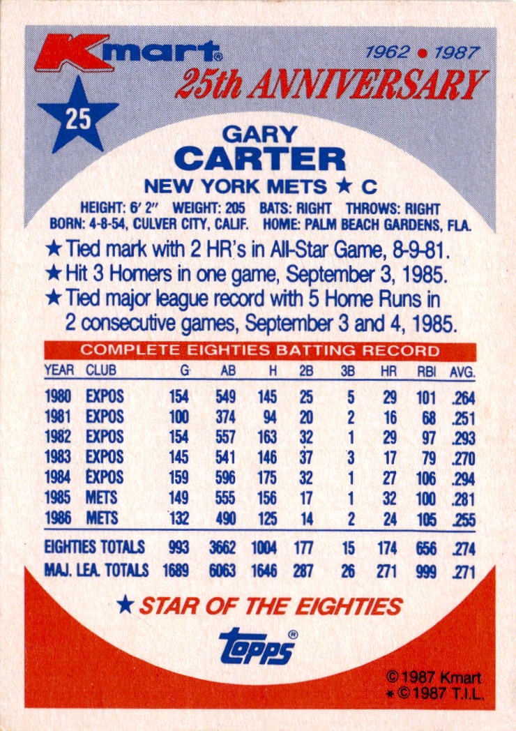 1987 Topps Kmart 25th Anniversary Stars of the Decades #25 Gary Carter