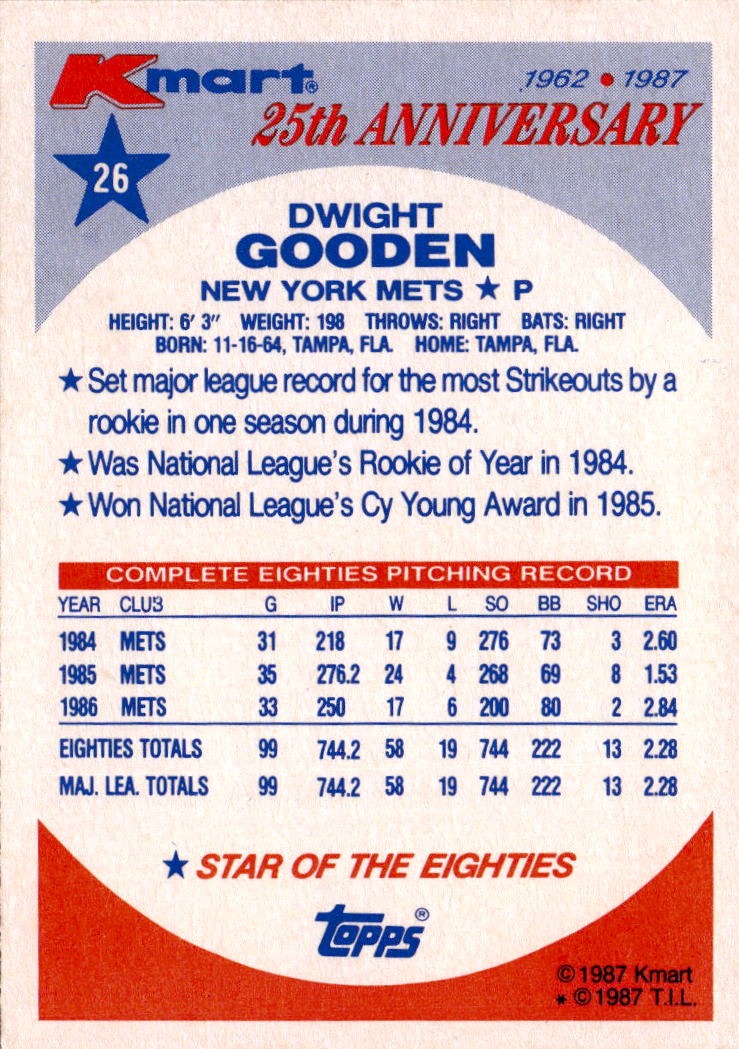 1987 Topps Kmart 25th Anniversary  Stars of the Decades #26 Dwight Gooden