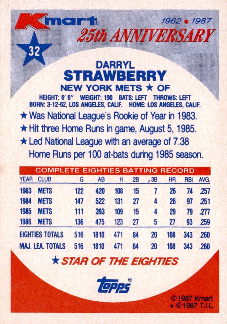 1987 Topps Kmart 25th Anniversary Stars of the Decades #32 Darryl Strawberry