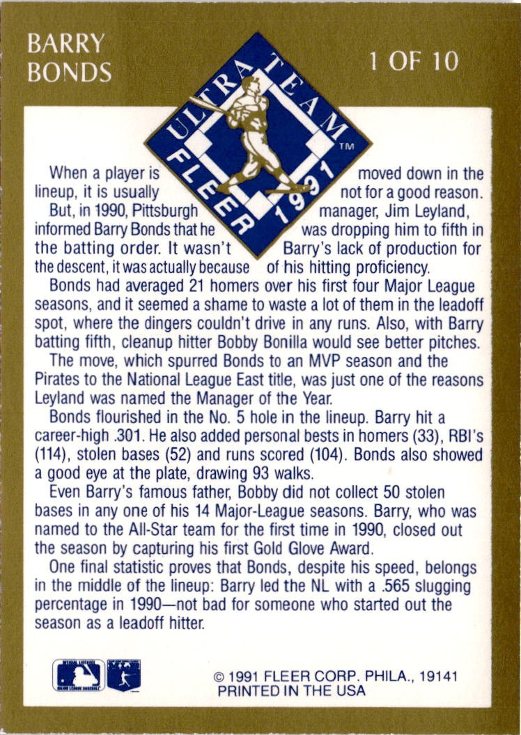 1991 Ultra #1 Barry Bonds Ultra Team (Ultra Gold)