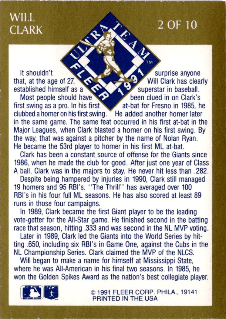 1991 Ultra #2 Will Clark Ultra Team (Ultra Gold)