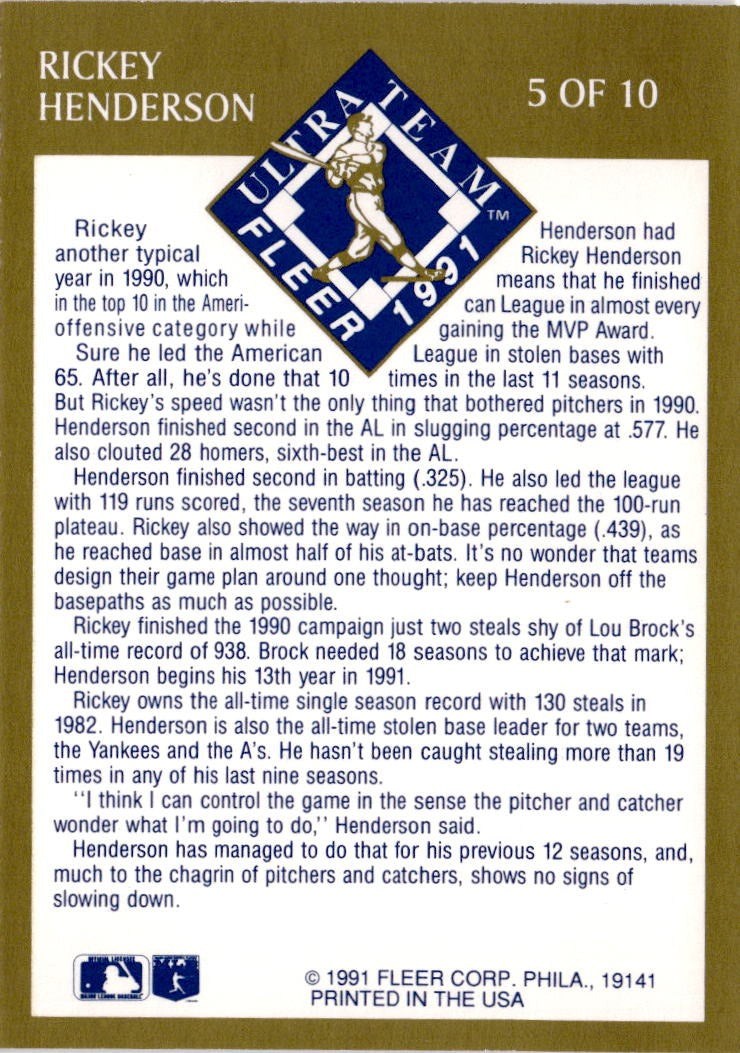1991 Ultra #5 Rickey Henderson Ultra Team (Ultra Gold)