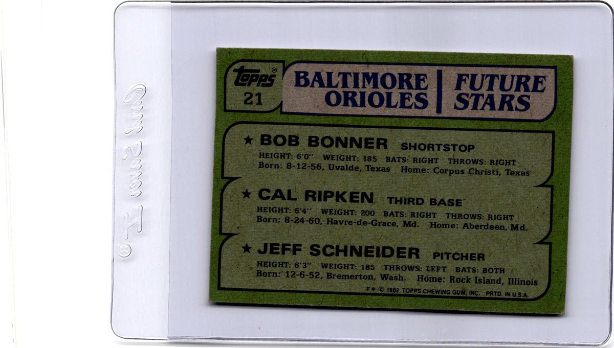 1982 Topps #21 Orioles Future Stars (Bob Bonner / Cal Ripken / Jeff Schneider)