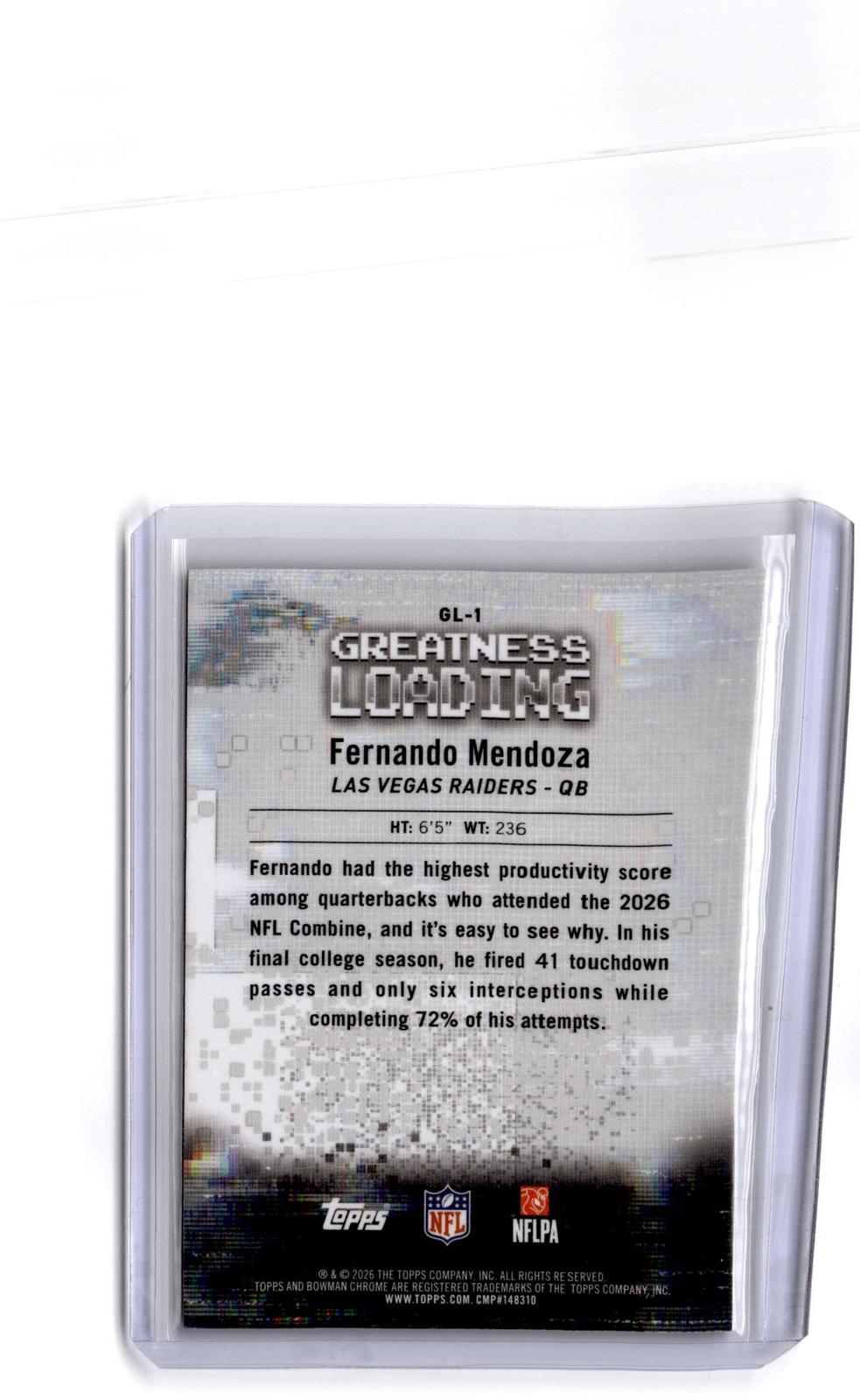 2026 Bowman #GL-1 Fernando Mendoza Greatness Loading Aqua Refractor #/199