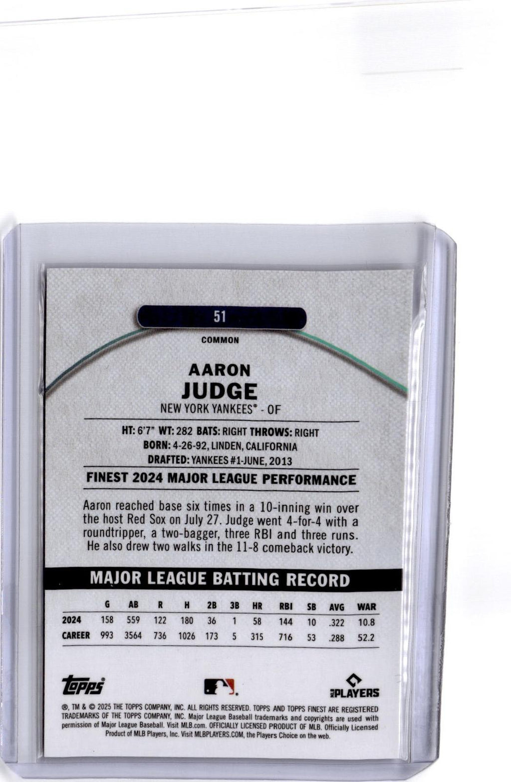 2025 Finest #51 Aaron Judge Pearl Checkerboard Refractor #/60