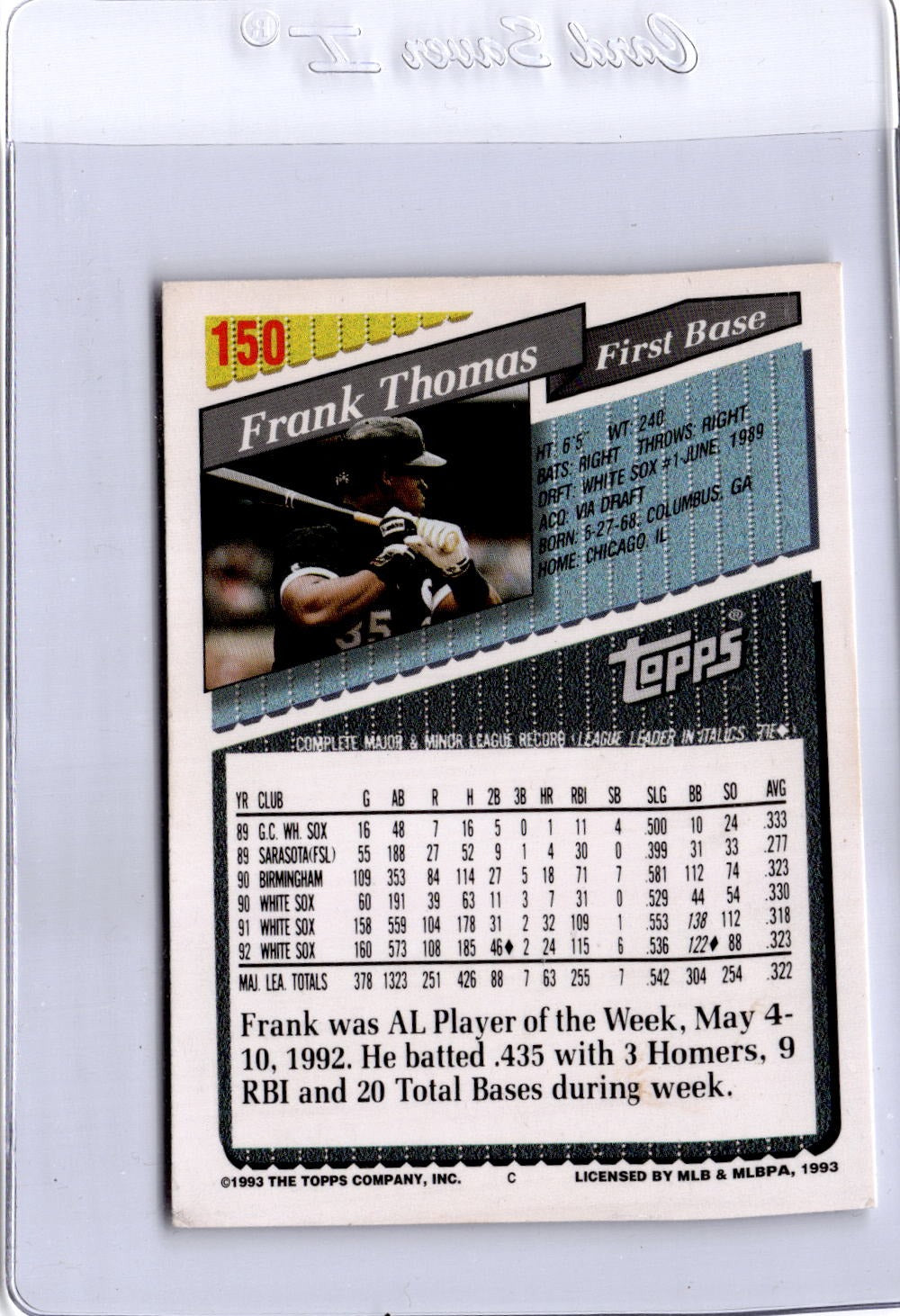 1992 Topps #150 Frank Thomas 1993 Topps Pre-Production Samples