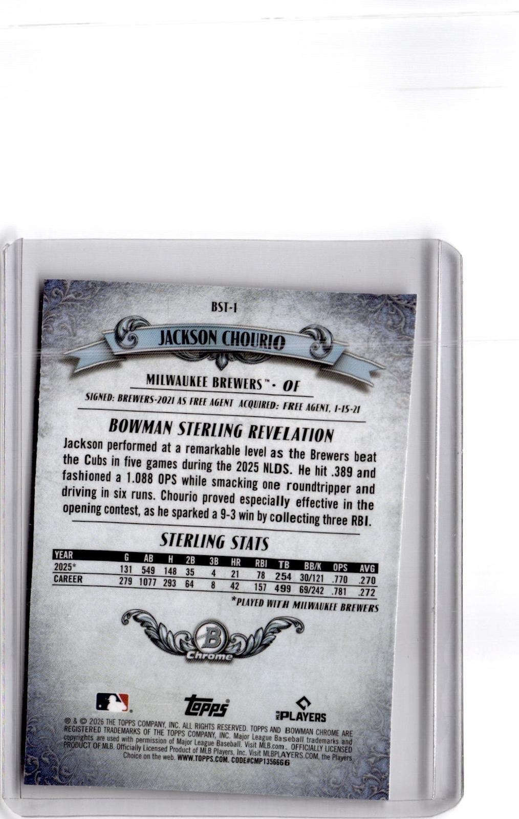 2026 Bowman #BST-1 Jackson Chourio Bowman Sterling Mojo Refractor