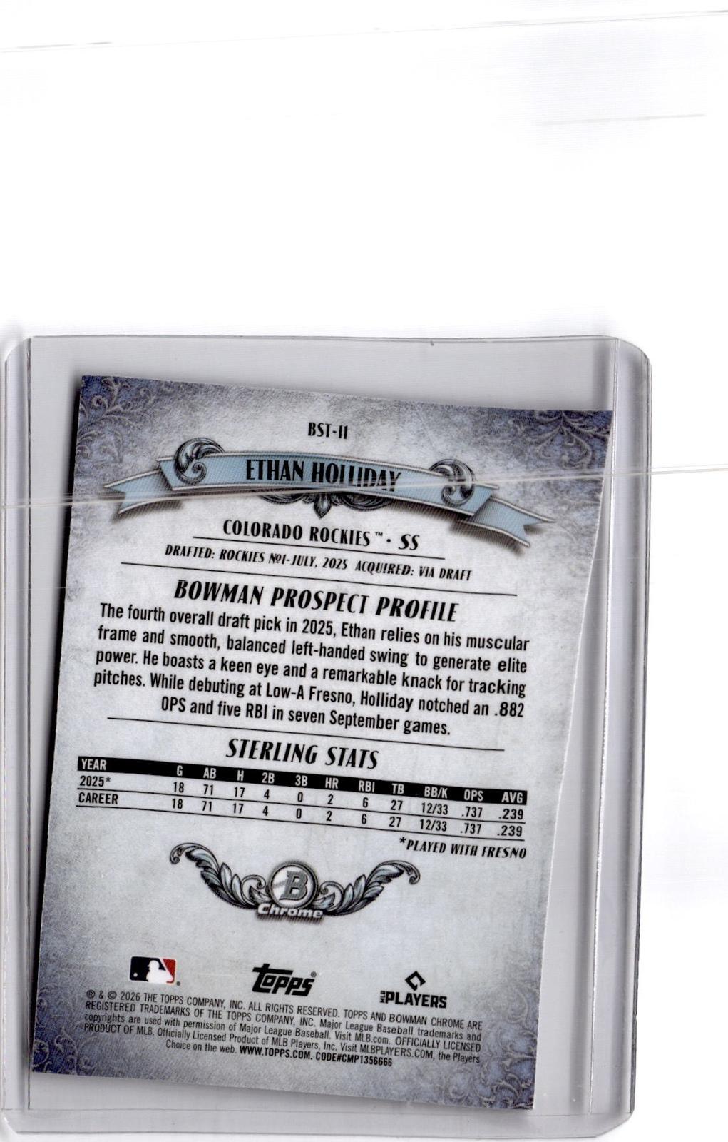 2026 Bowman #BST-11 Ethan Holliday Bowman Sterling Mojo Refractor