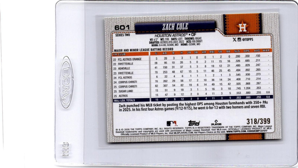 2026 Topps #601 Zach Cole Yellow Holo Foil #/399