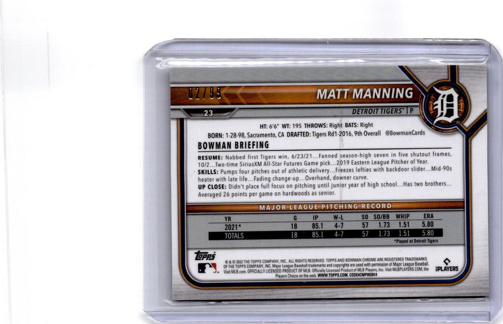 2022 Bowman Chrome #23 Matt Manning Green Refractor #/99