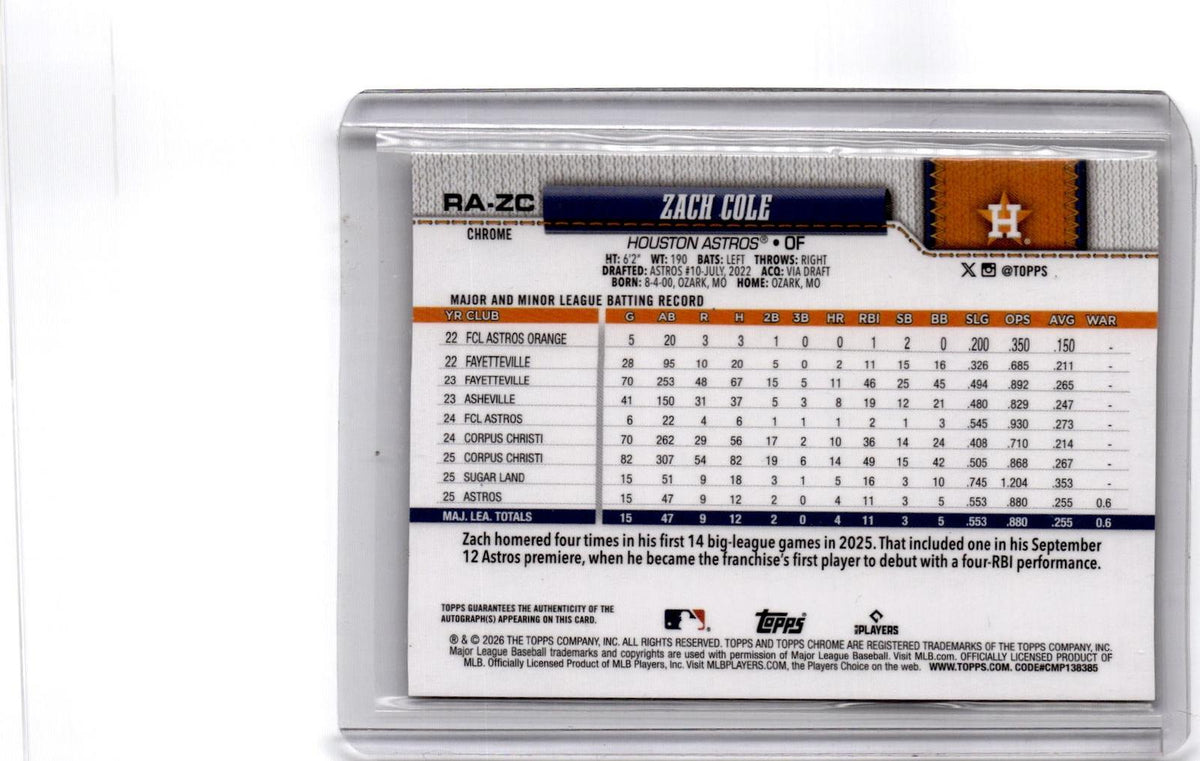 2026 Topps Chrome  Zach Cole Rookie Autographs Green Raywave Refractor #/99
