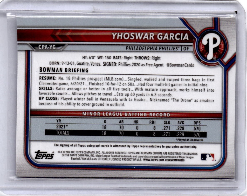 2022 Bowman #CPA-YG Yhoswar Garcia Chrome Prospects Autographs