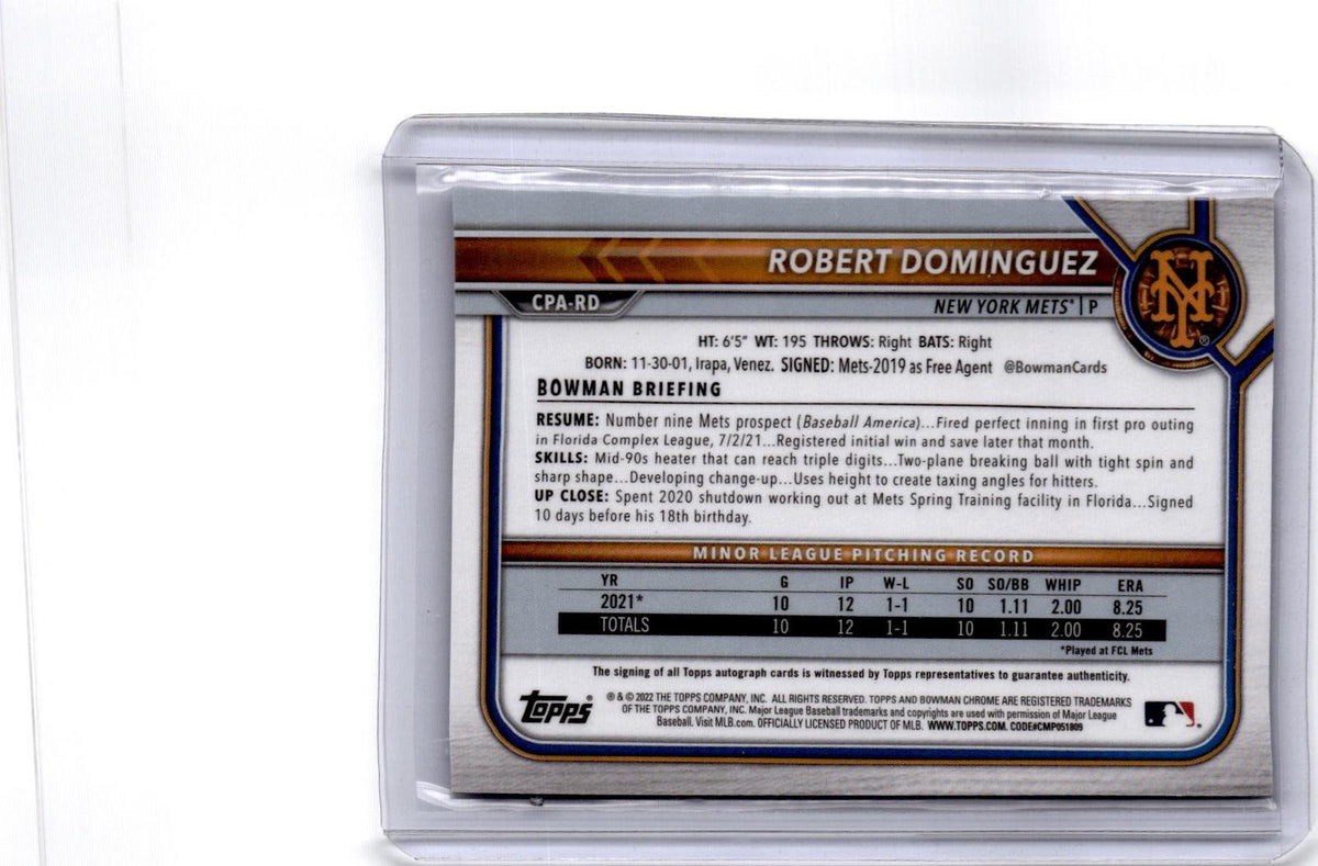2022 Bowman Robert Dominguez Chrome Prospects Autographs Refractor Blue/150
