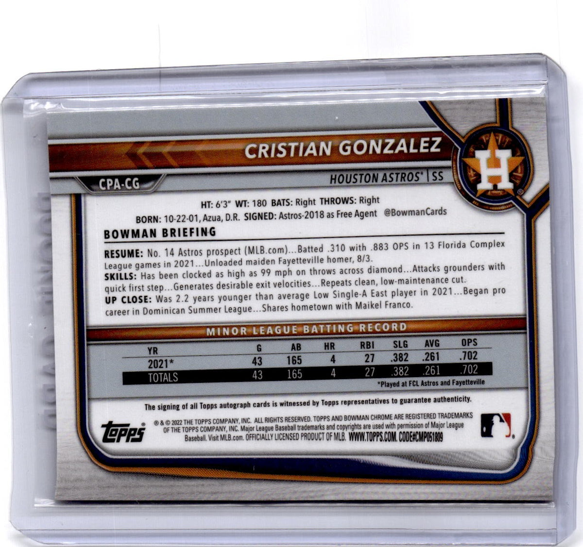 2022 Bowman #CPA-CG Cristian Gonzalez Chrome Prospects Autographs