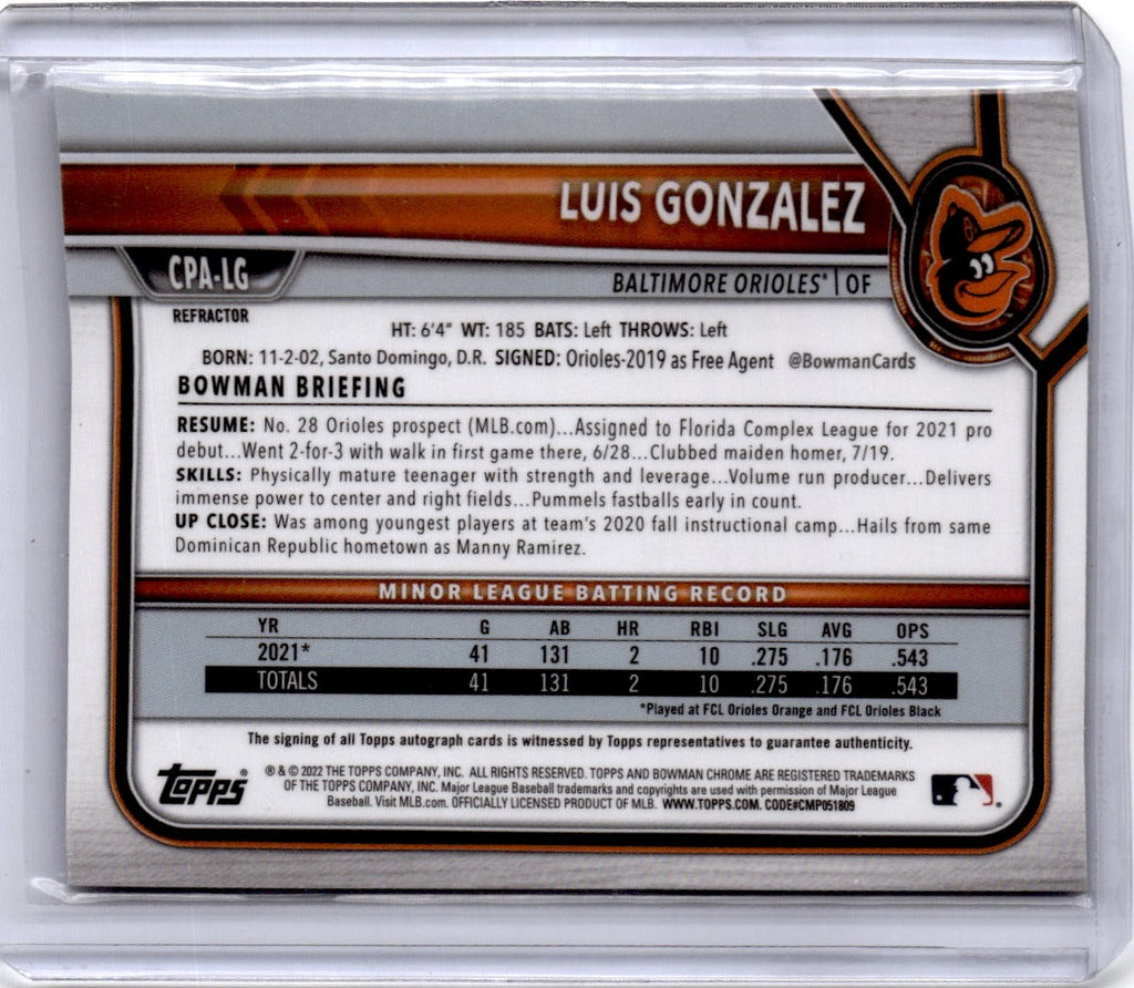 2022 Bowman #CPA-LG Luis Gonzalez Chrome Prospects Autographs Refractor /499