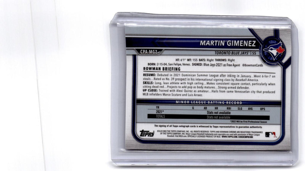 2022 Bowman #CPA-MGZ Martin Gimenez Chrome Prospects Autographs