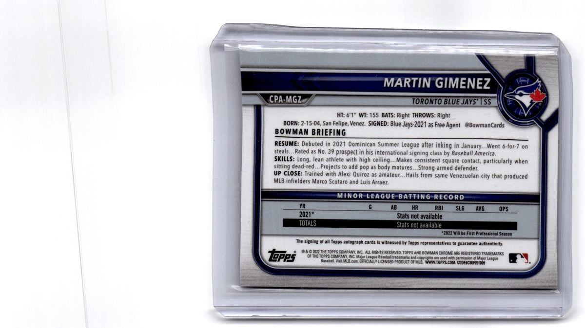 2022 Bowman #CPA-MGZ Martin Gimenez Chrome Prospects Autographs
