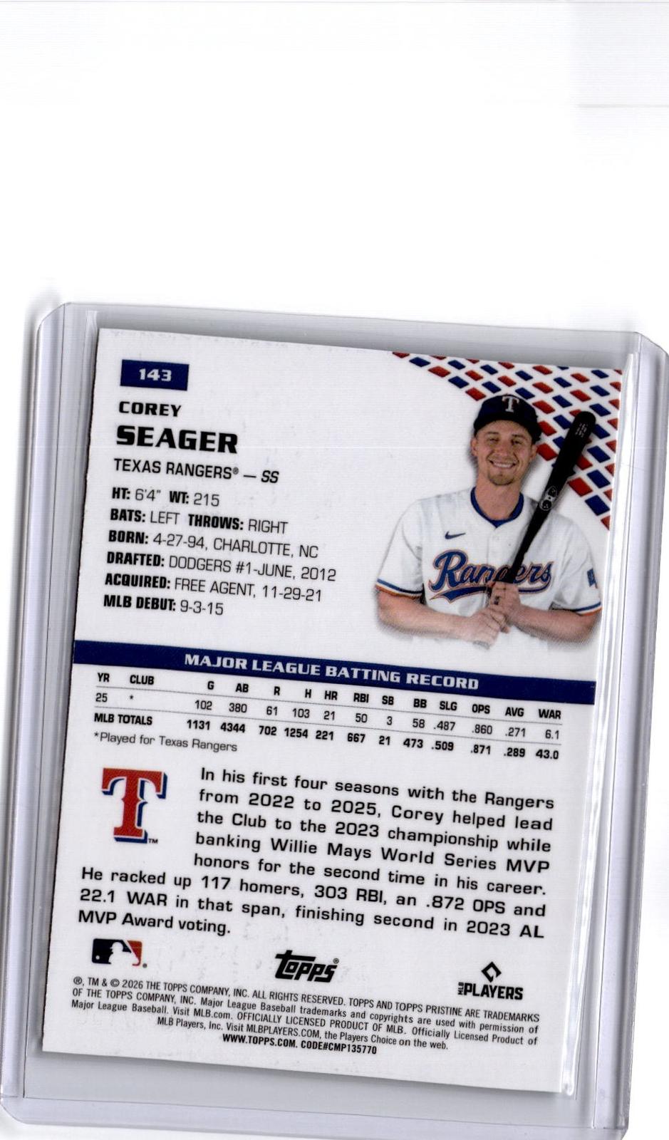 2026 Topps Pristine #143 Corey Seager Green Refractor #/150