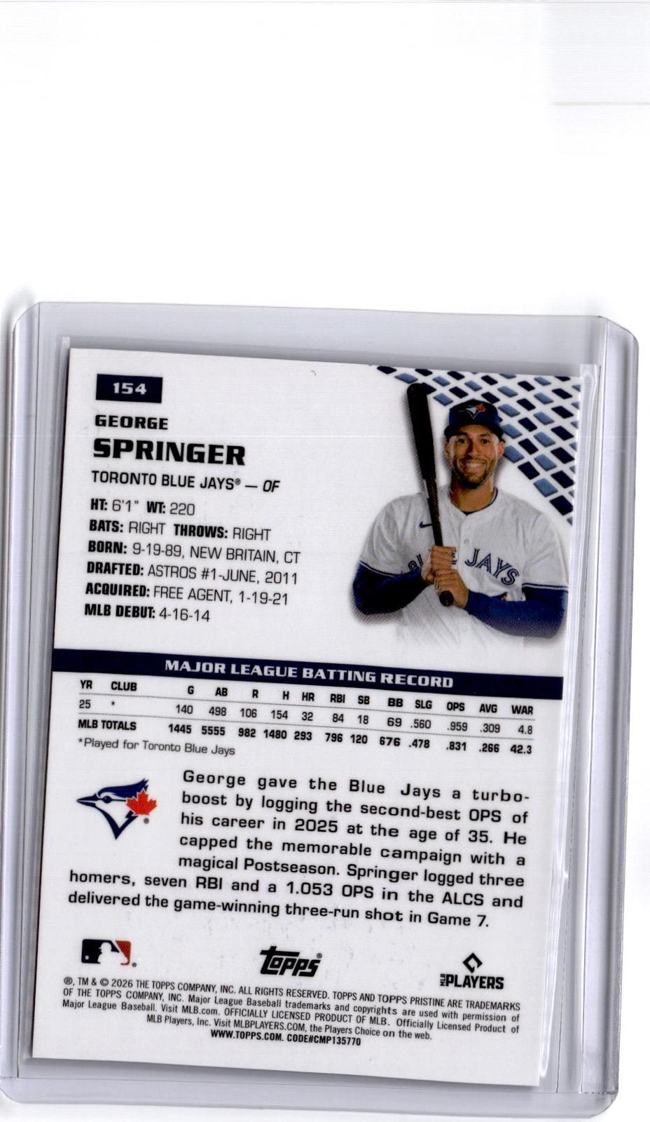 2026 Topps Pristine #154 George Springer Purple Refractor #/99