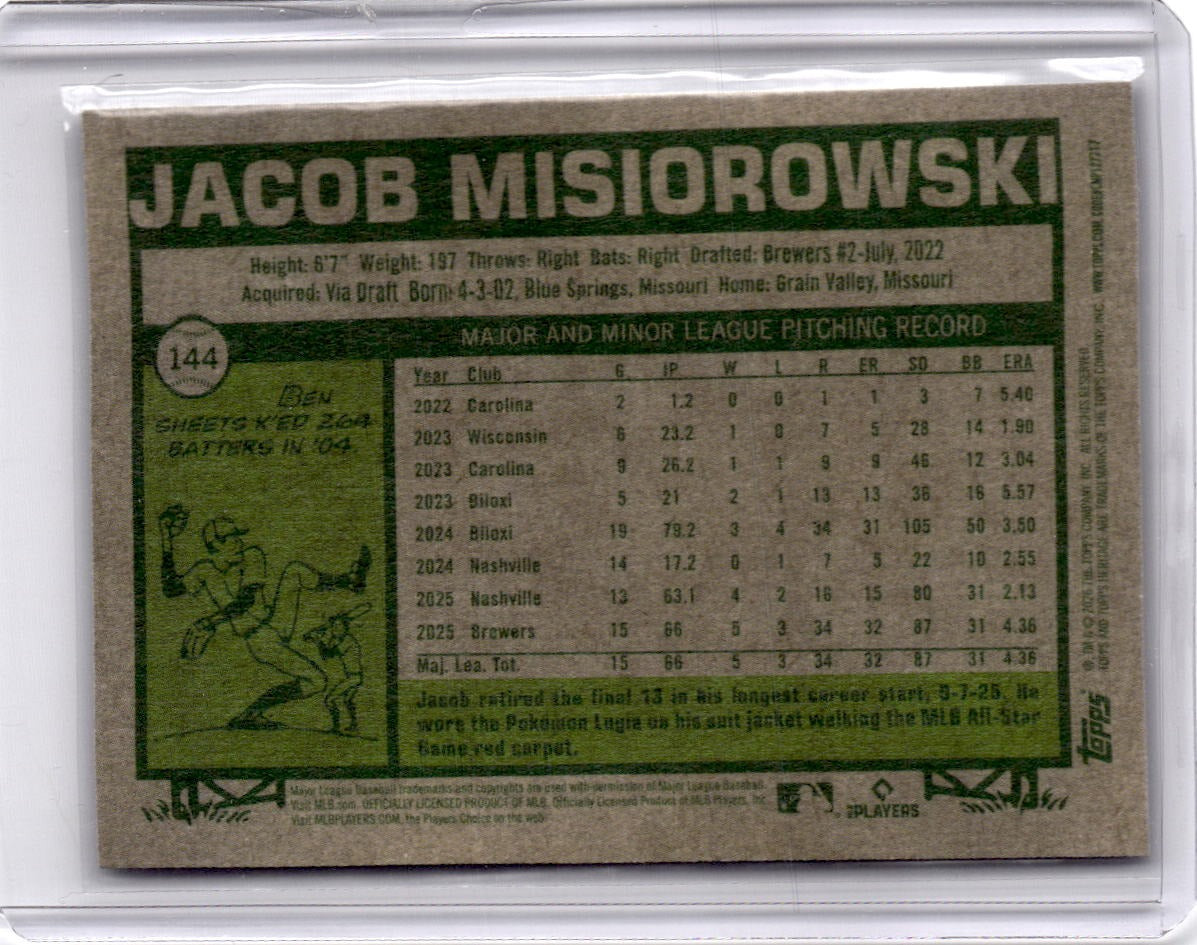 2026 Topps Heritage #144 Jacob Misiorowski Dark Gray