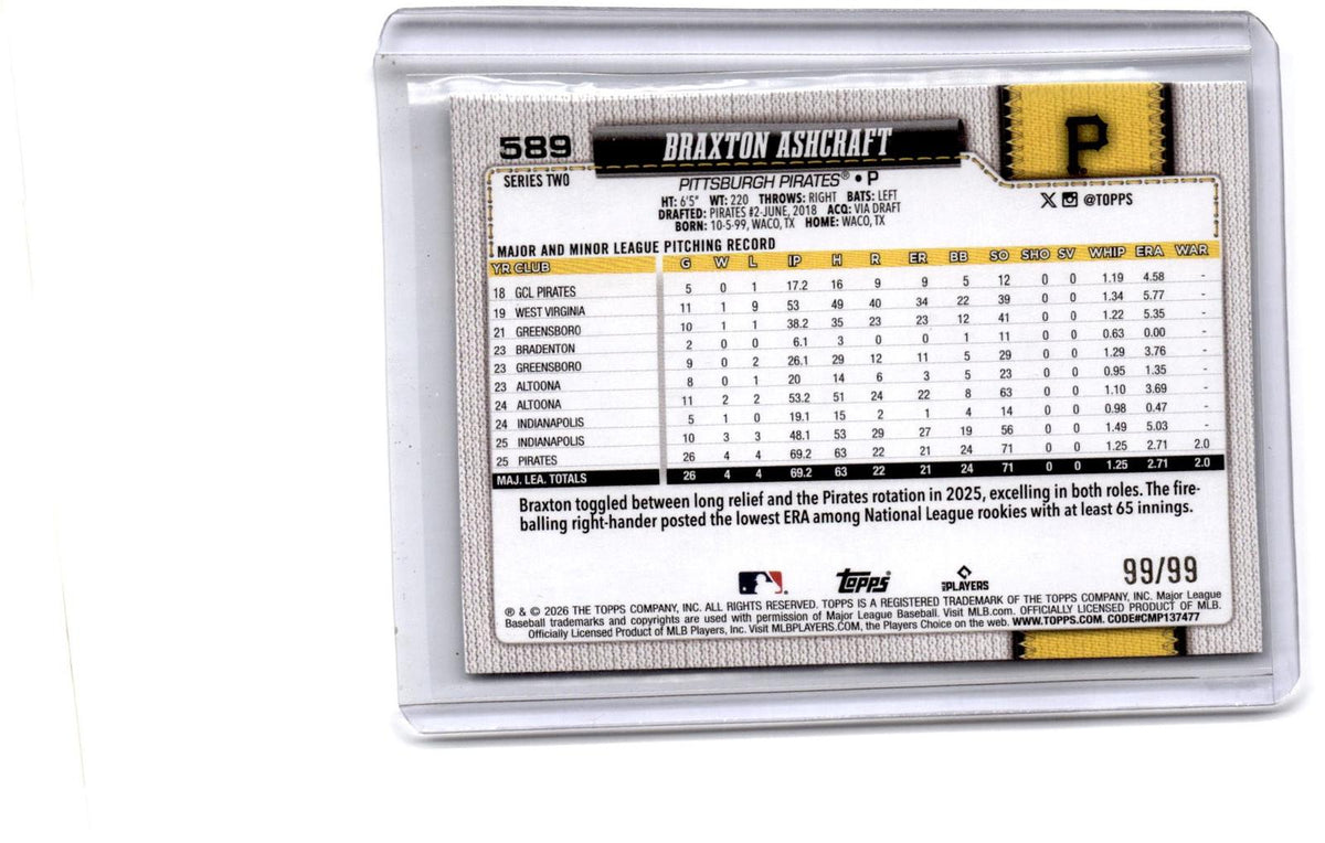 2026 Topps #589 Braxton Ashcraft Green Holo Foil #99/99