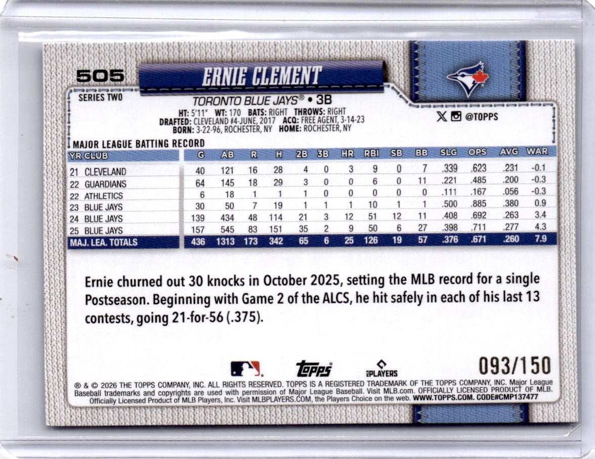 2026 Topps #505 Ernie Clement Blue Rainbow Foil #/150