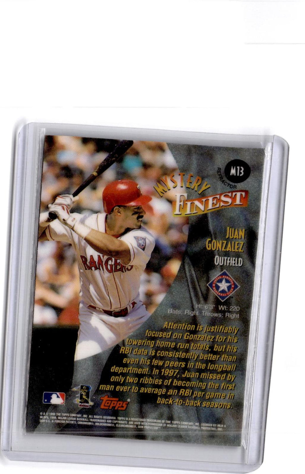 1998 Topps #M13 Juan Gonzalez Mystery Finest Borderless Refractor