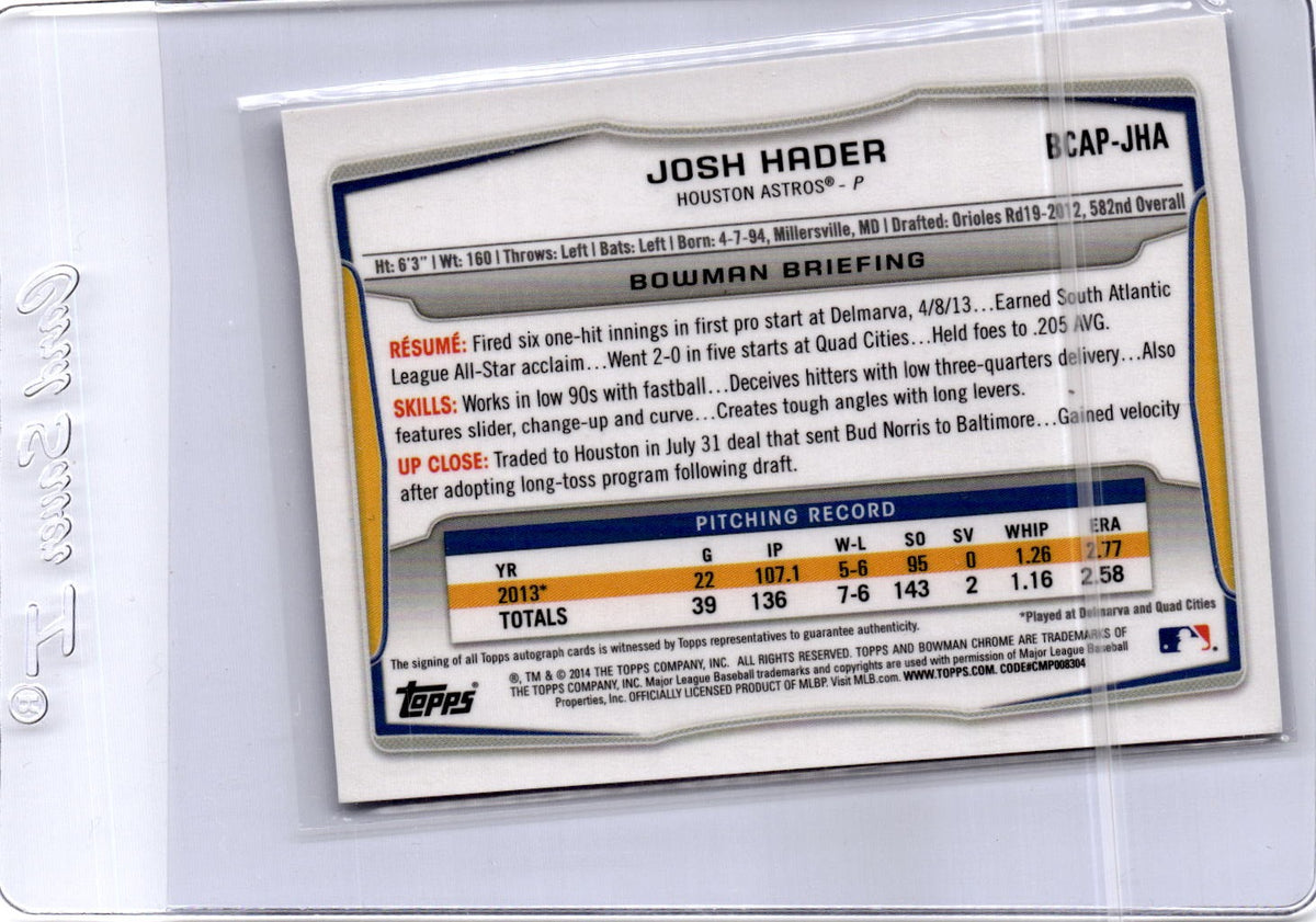 2014 Bowman #BCAP-JHA Josh Hader Chrome Prospect Autographs