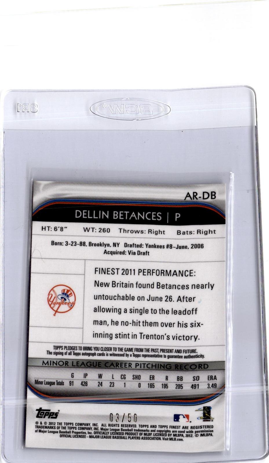 2012 Finest #AR-DB Dellin Betances Rookie Autographs Gold Refractor /50
