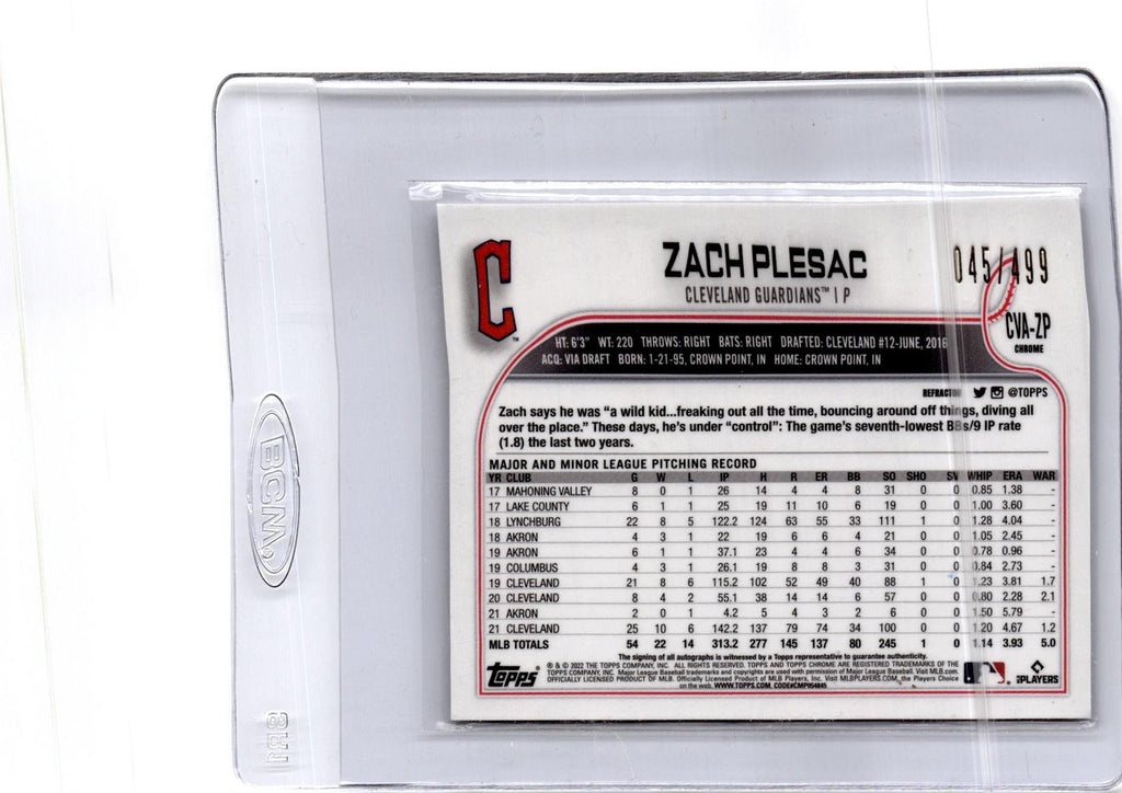 2022 Topps Chrome Zach Plesac Veteran Autographs Aqua Wave Refractor #/199