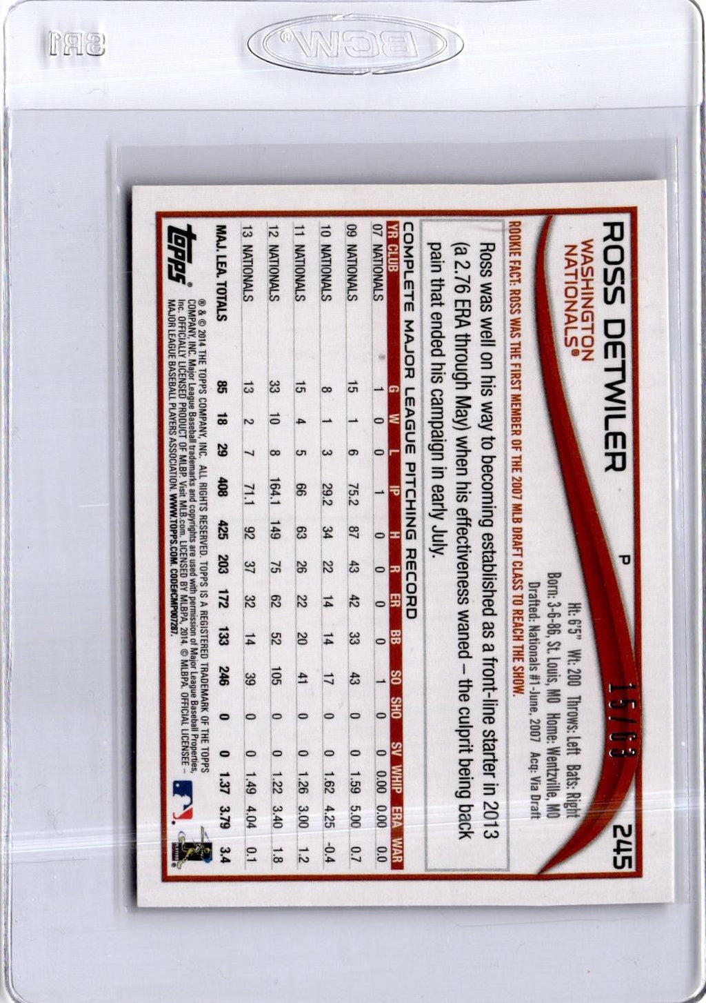 2014 Topps #245 Ross Detwiler Black #/63