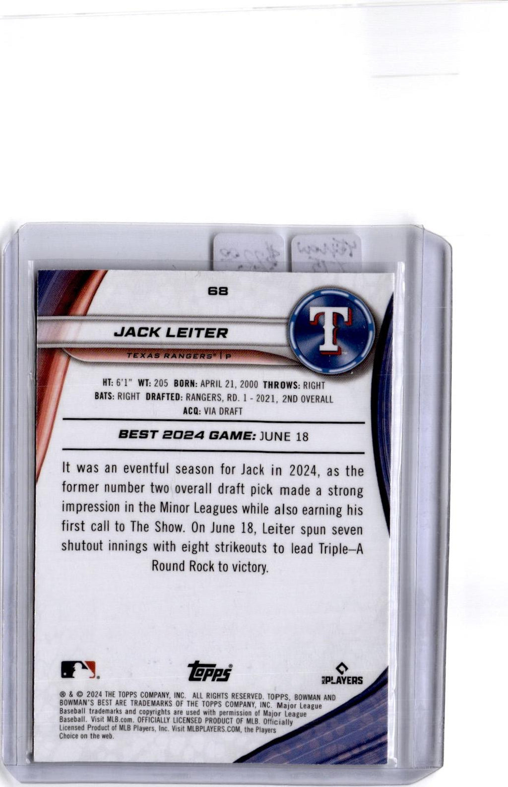 2024 Bowman's Best #68 Jack Leiter Yellow Lazer Refractor #/75