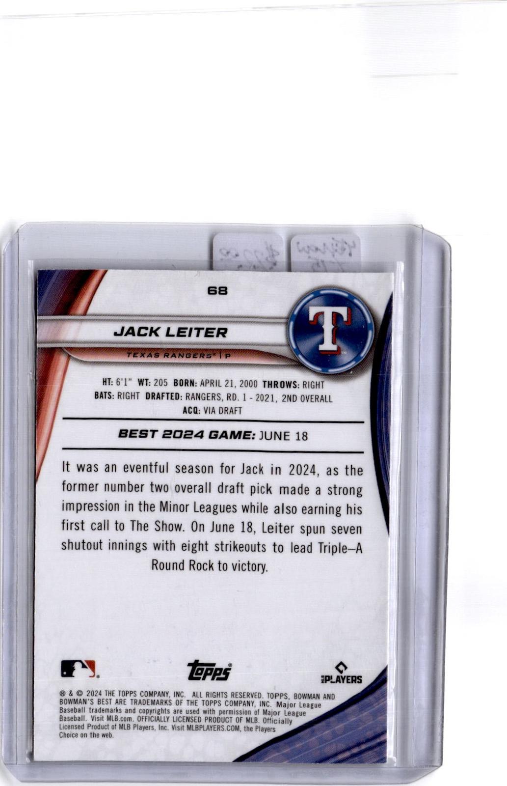 2024 Bowman's Best #68 Jack Leiter Yellow Lazer Refractor #/75
