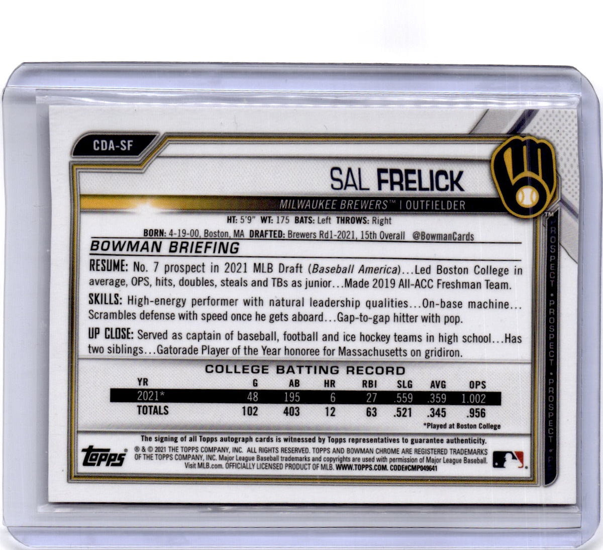 2021 Bowman Draft #CDA-SF Sal Frelick Chrome Draft Pick Autographs Purple/250