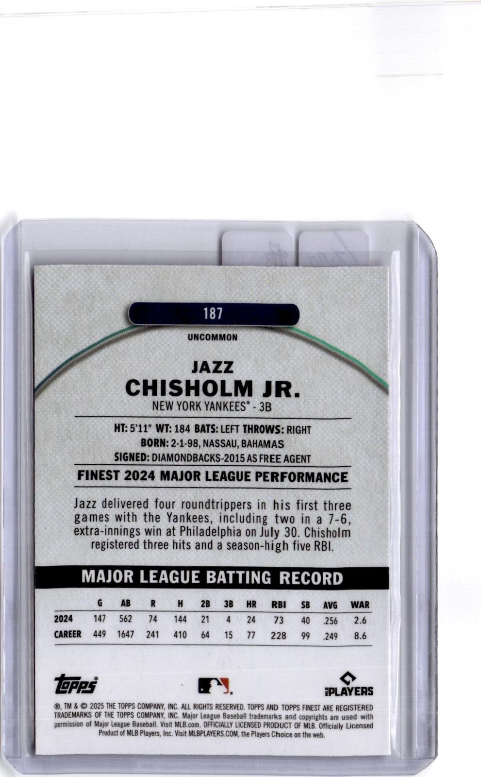 2025 Finest #187 Jazz Chisholm Jr. Magenta Refractor #/300