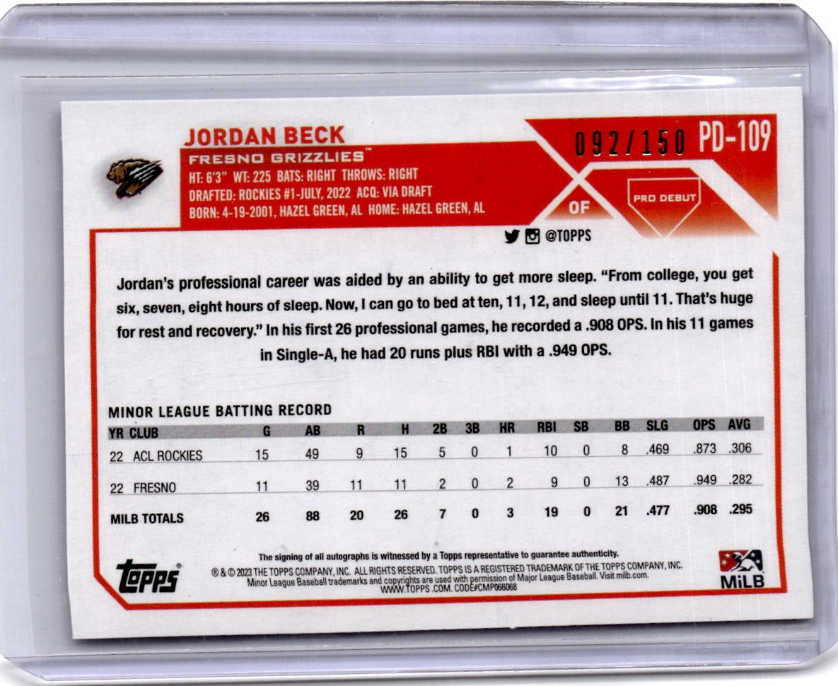 2023 Topps Pro Debut #PD-109 Jordan Beck Autographs Green #/99