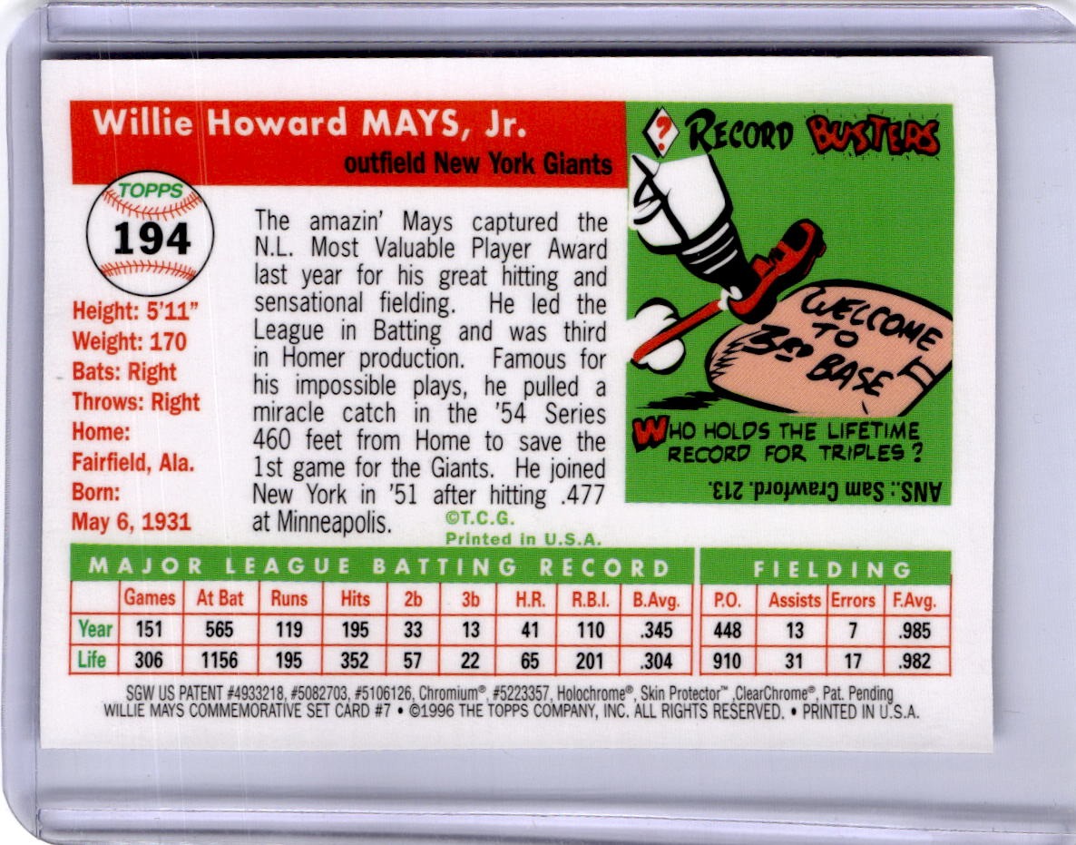 1997 Topps #7 Willie Mays Willie Mays Commemorative Reprints