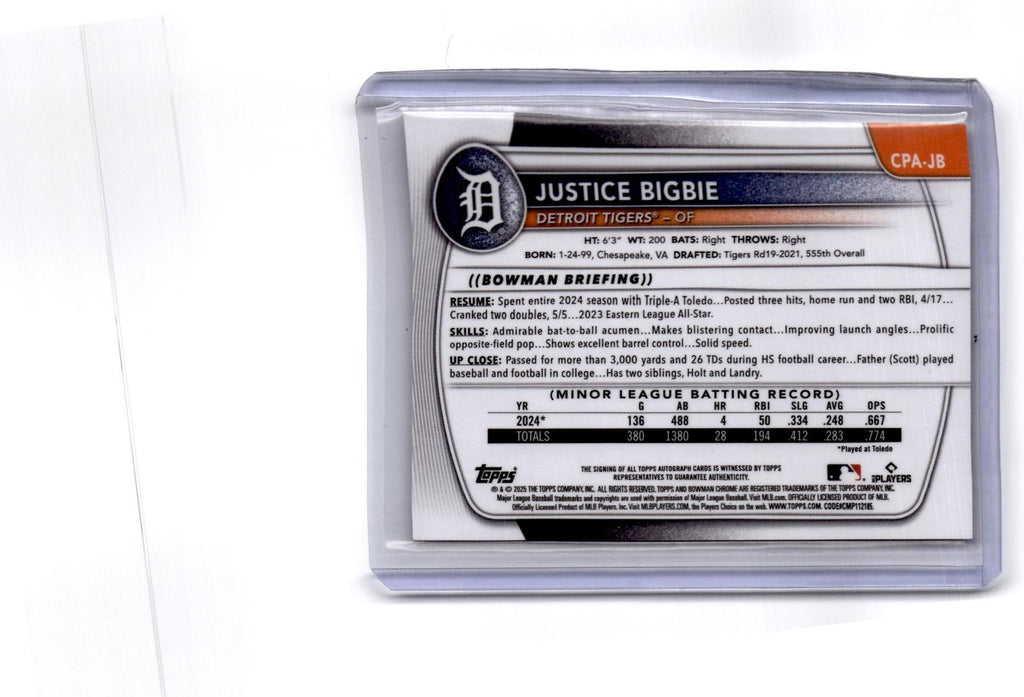 2025 Bowman Chrome #CPA-JB Justice Bigbie Prospect Autographs Mini Diamond/299