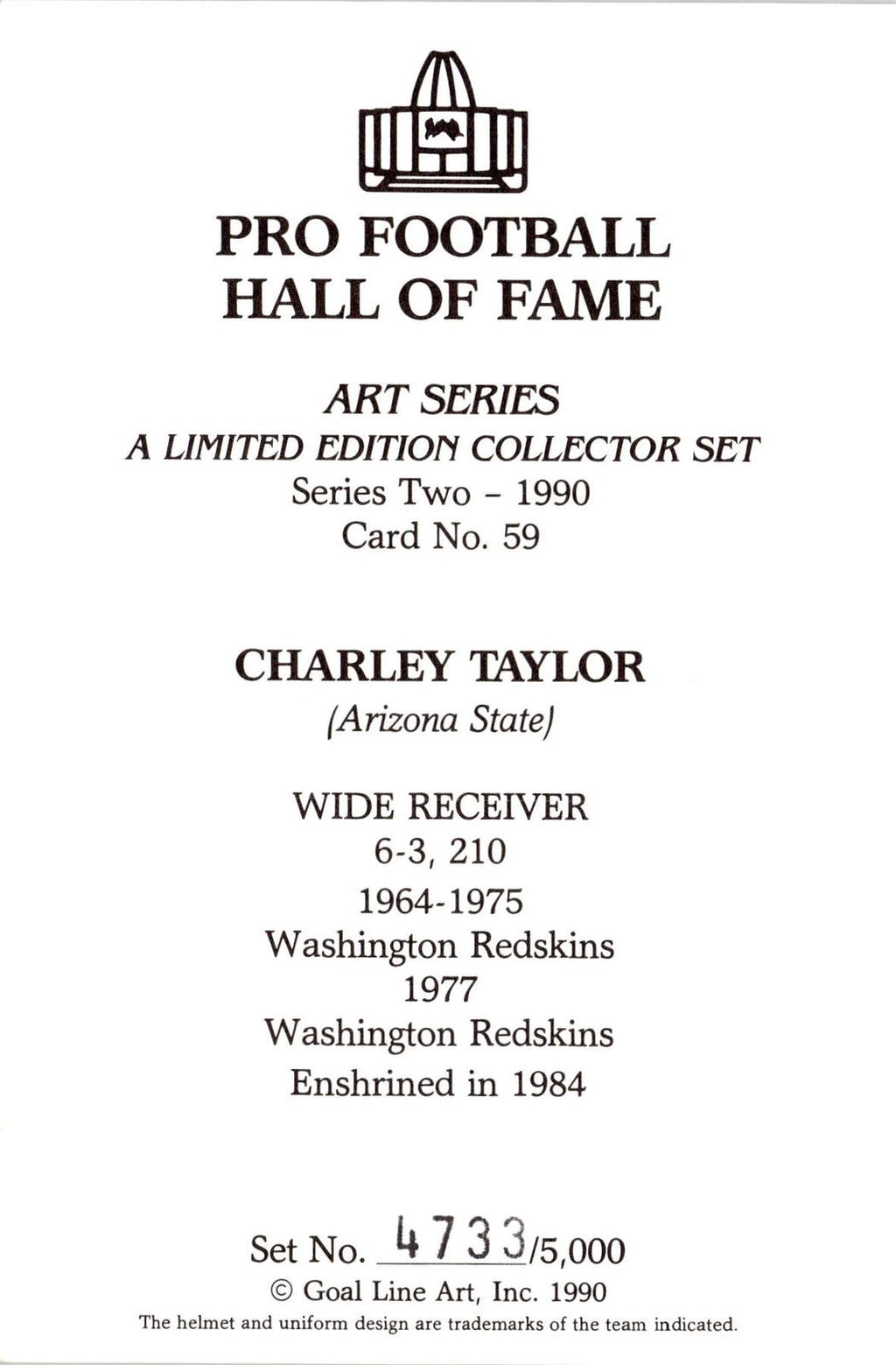 1990 Goal Line Hall of Fame Art Collection #59 Charley Taylor #/5000